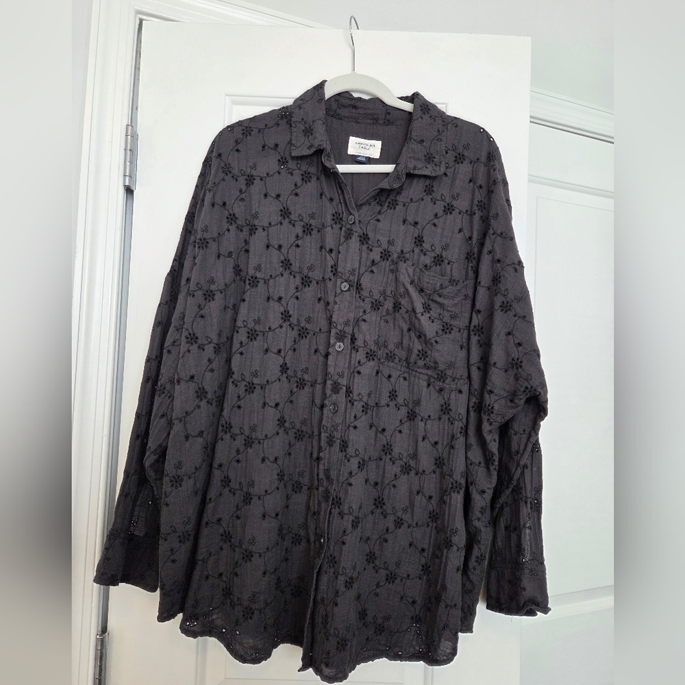 American Eagle Outfitters Black Eyelet Button-Down Shirt